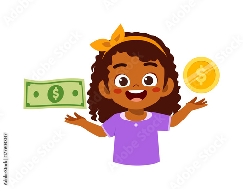 Happy African Girl with Money Dollar Coin Currency Earning Saving and Investment Illustration