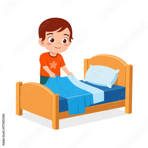 Cute Little Boy Making Bed Tidying Up Room Illustration Cartoon