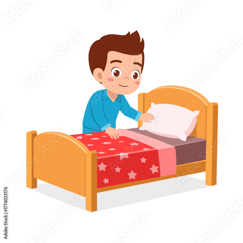 Young Boy Making Bed Wearing Pajamas with a Smile in Bedroom Cartoon Illustration