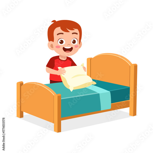 Happy Caucasian Boy Arranging Pillow on Bed Making Bed in Bedroom Cartoon Illustration