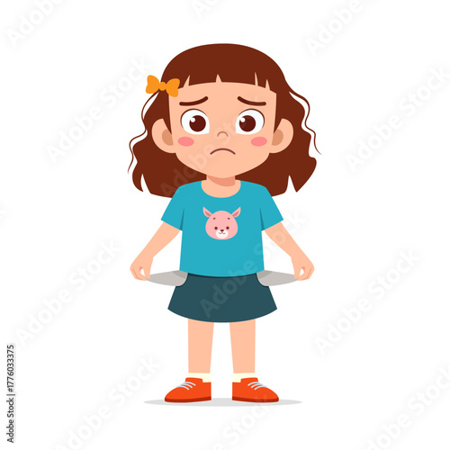 Upset Little Girl Showing Empty Pockets Facing Forward Illustration Cartoon Style Sadness
