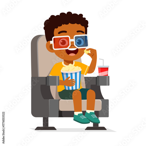 Happy African Boy Enjoying Movie with Popcorn and Soda Wearing 3D Glasses in Theater Seat