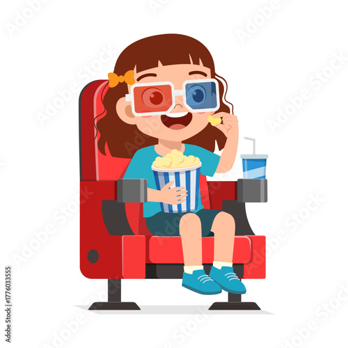 Happy Girl Wearing 3D Glasses Eating Popcorn and Drinking Soda in a Movie Theater Illustration