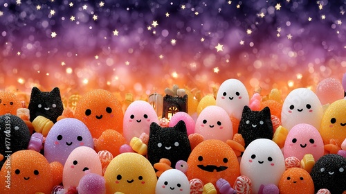 Many cute plush toys including cats and round creatures against a colorful background.