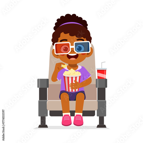 Happy African American Girl Enjoying Movie With Popcorn and 3D Glasses