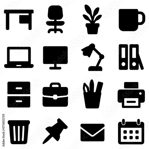 Office Icons Collection: A collection of various office-related icons, including desk, chair, plant, mug, laptop, computer screen, desk lamp, binder, drawer, briefcase, pen holder, printer, trash can.
