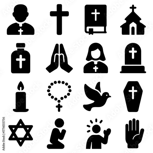 Symbols of Faith: An array of symbolic images representing faith and devotion, including religious figures, crosses, sacred texts, and places of worship.