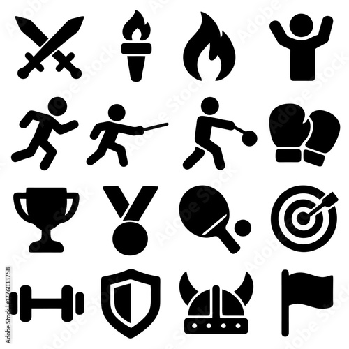 Sport Icons Collage: A meticulously curated collection of sport and recreational activities, represented by simple black silhouette icons on an isolated background.