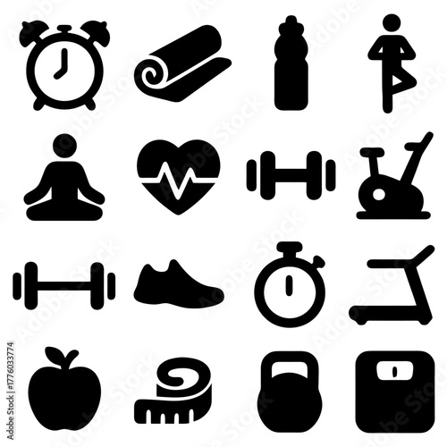Health and Wellness Icons: A set of minimalistic vector icons representing various aspects of health, fitness, and well-being.