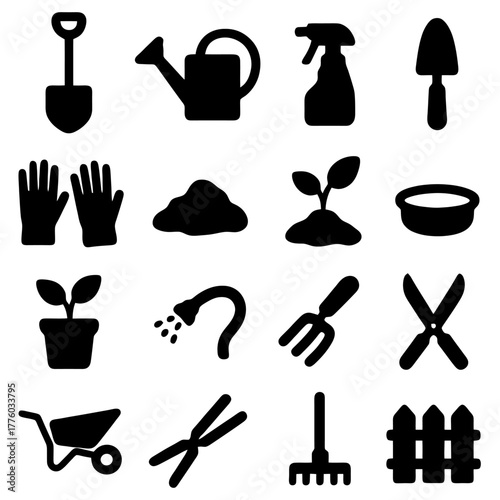 Garden Tools Silhouette Collection: This image is a collection of essential garden tools, artfully rendered in black silhouette against a neutral backdrop.