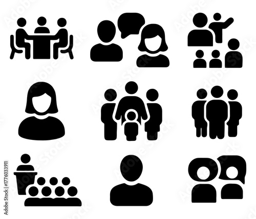 Conceptual human interaction in Business: A collection of various human icons are representing various communication and interaction in workplace. Demonstrating teamwork.
