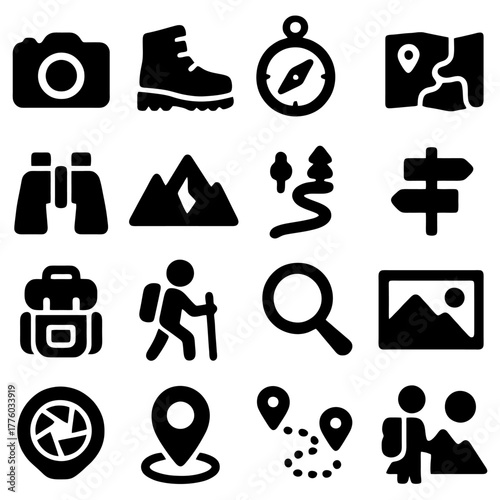 Journey's Guide: Discover the essential tools for any grand expedition. Explore a collection of iconic symbols for adventure, from rugged footwear to detailed maps.