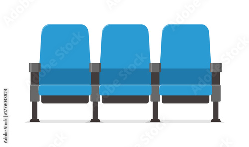 Three Blue Theater Seats in a Row with Armrests and Legs Row of Seats