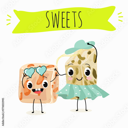 Tasty nougat, turkish delight, Halva confection, funny characters, hand drawn vector illustration.
