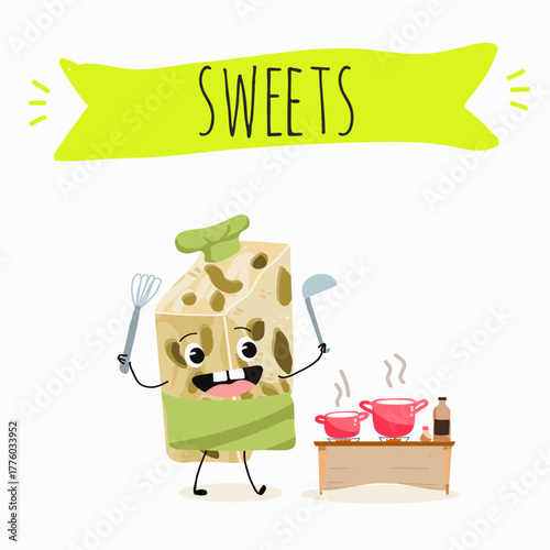 Tasty nougat, turkish delight, Halva confection, funny characters, hand drawn vector illustration.