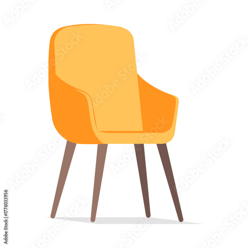Isolated yellow modern chair with armrests and brown wooden legs on white background