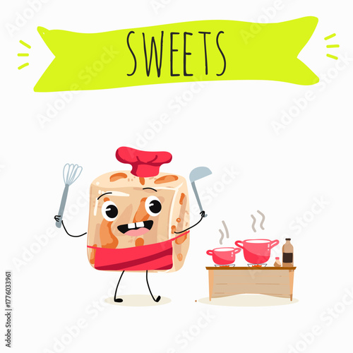 Tasty nougat, turkish delight, Halva confection, funny characters, hand drawn vector illustration.