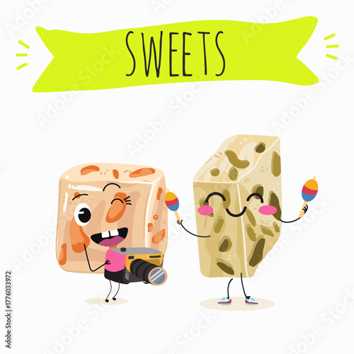 Tasty nougat, turkish delight, Halva confection, funny characters, hand drawn vector illustration.