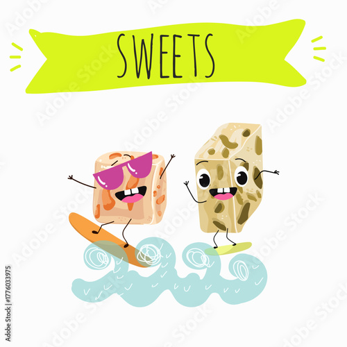 Tasty nougat, turkish delight, Halva confection, funny characters, hand drawn vector illustration.