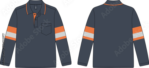 CAD drawing flat vector illustration of long sleeve polo shirt with reflective tape, workwear uniform, front and back view, apparel design, safety clothing
