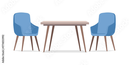 Simple Minimalist Illustration of Table with Two Blue Chairs Isolated on White Background