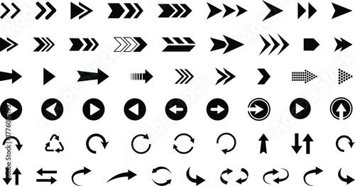This comprehensive set of arrow icons features a variety of flat, black vector symbols for directional, play, refresh, and navigation purposes. Each high-quality icon is ideal for use in website and U