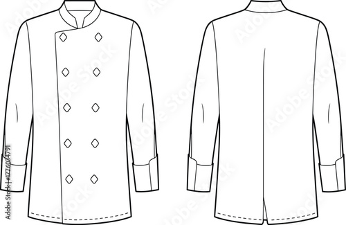 Cad drawing flat vector illustration, chef coat technical sketch, kitchen workwear template, double breasted jacket outline, culinary uniform design