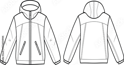 Cad drawing flat vector illustration, jacket technical sketch, outerwear fashion design, hoodie template, clothing pattern outline, winter jacket design