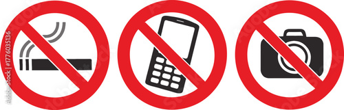 No smoking, no mobile phones, and no photography vector signs, prohibition icons for safety, privacy, and restricted area compliance in public spaces