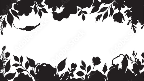 Black and white floral vector: flower silhouette border design eps