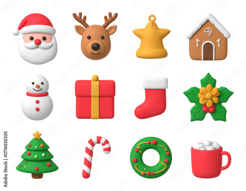 Fototapeta premium 3D christmas icon set including santa claus head, cute reindeer head with antlers, gingerbread house, smiling snowman, wrapped present box with ribbon bow, isolated on transparent background, PNG