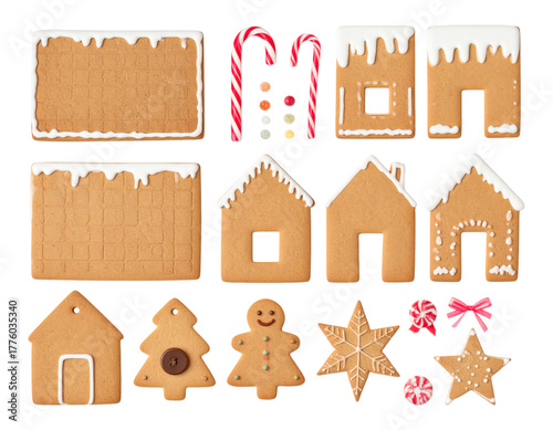 3D christmas cookie assembly set with plain gingerbread house wall panels, roof panels, mini gumdrop candies, candy canes, royal icing lines, isolated on transparent background, PNG