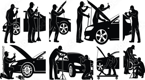 Car mechanics repairing vehicles, silhouette workers fixing engines, car maintenance and repair service tools, auto body shop isolated icons