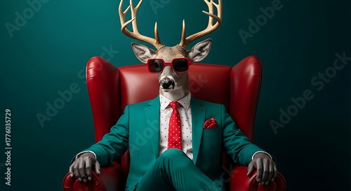 Deer in Suit Sitting on Red Chair with Sunglasses.