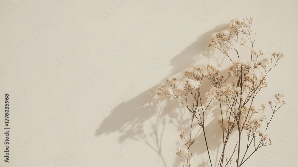 Fototapeta premium Dried flowers casting shadows on plain wall indoors