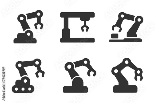 Set of robotic arm icons depicting industrial automation and manufacturing processes.