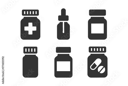Set of medicine jar and bottle icons representing medical and pharmaceutical supplies.