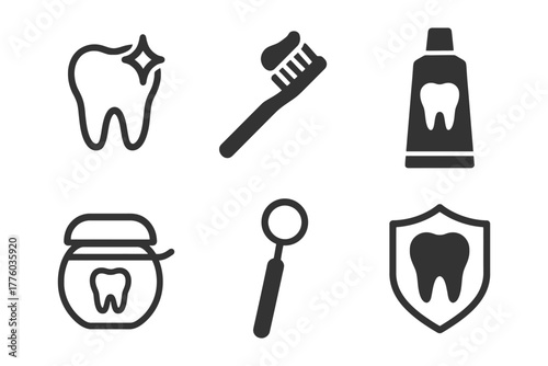 Dental care icons: tooth, toothbrush, toothpaste, dental floss, mirror, shield.