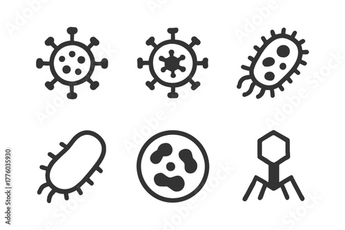 Black and white icons of bacteria and viruses on white background.