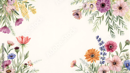 Floral Abundance: A captivating watercolor illustration presents an arrangement of vibrant flowers, each petal a testament to nature's artistry, blooms framing an empty space
