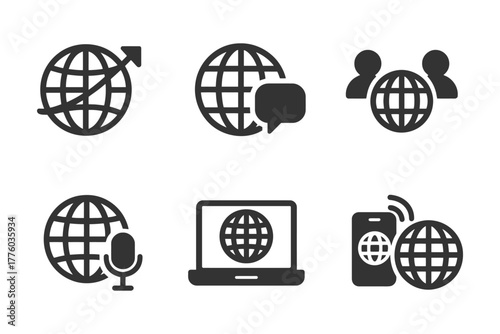 Internet communication icons: global connection and digital media symbols.