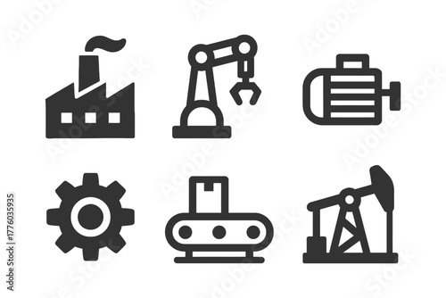 Industrial icons: factory, robotic arm, motor, gear, conveyor, and pumpjack.