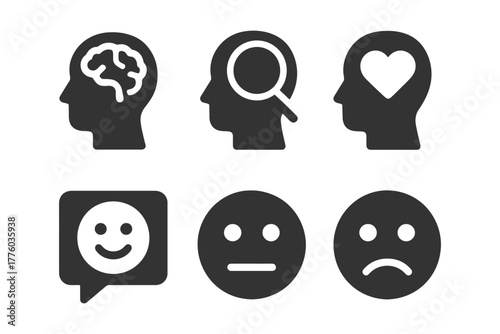 Monochrome mental health and emotional intelligence icons.