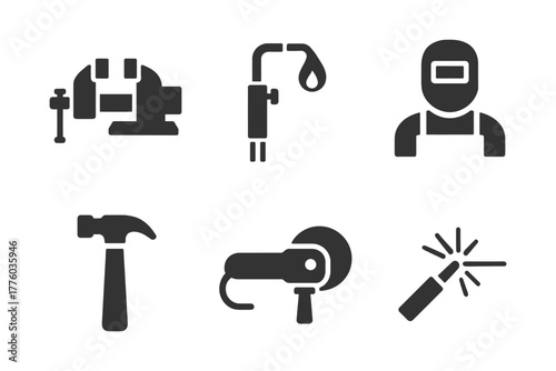 Industrial tool icons set: hammer, welder, vise, grinder, welding torch, safety gear.