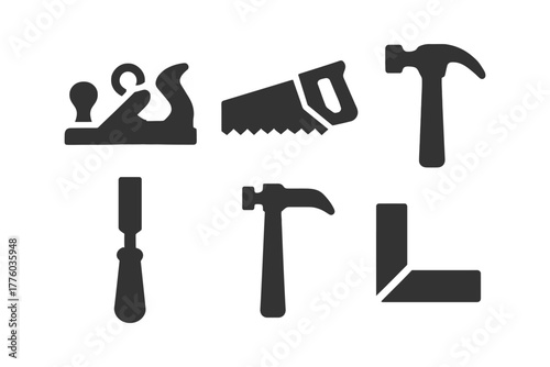 Set of black silhouette woodworking tools on white background.