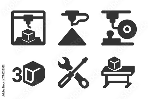 Set of icons representing 3d printing and cnc machining tools and equipment.
