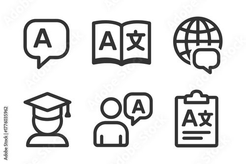 Language learning icons collection with speech bubbles and educational symbols.