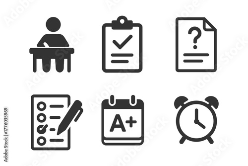 Education and assessment icons: studying, grading, scheduling, and exam symbols.