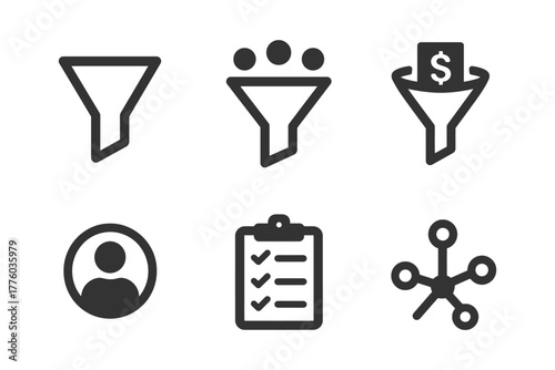 Set of business icons: funnel, user, checklist, network, money, process.