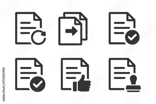 Document management icons: refresh, duplicate, approve, like, stamp.